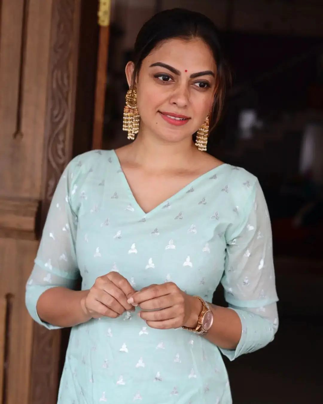 Anusree Nair Wearing Beautiful Earrings Jewellery Blue Gown